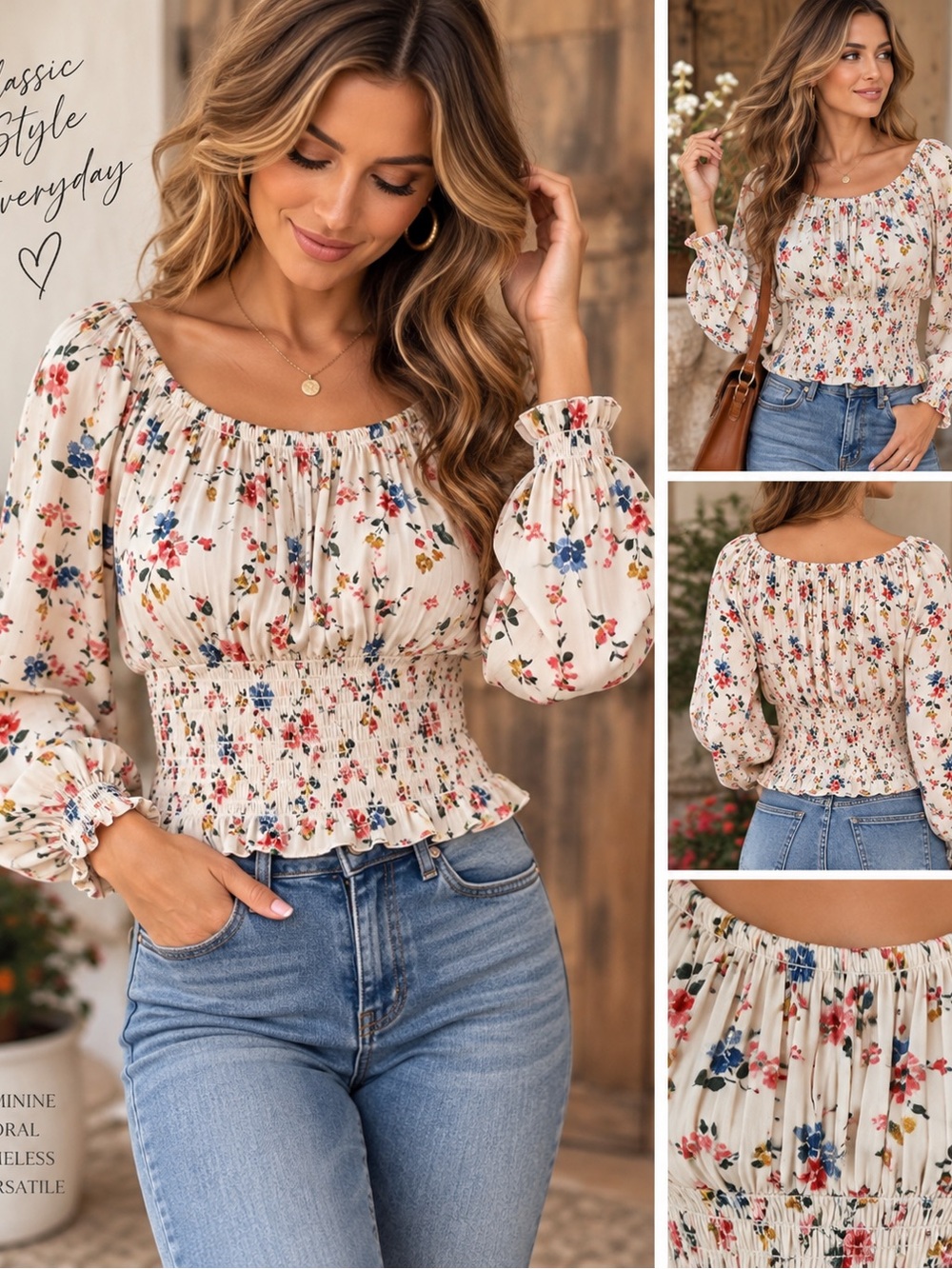GAP Cream Floral Smocked Peasant Blouse